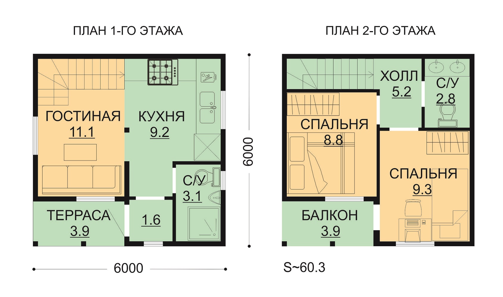 Проект ССК-59Т — дом 6х6 60,3 кв.м. — до 100 кв.м. от ССК-ДОМ